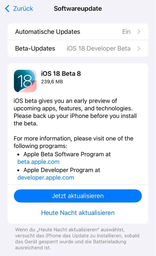泽普苹果手机维修分享苹果 iOS / iPadOS 18 开发者预览版 Beta 8 发布 